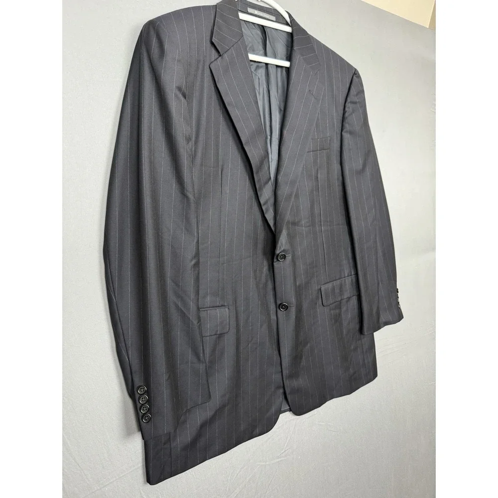 Vintage Hickey Freeman Black Wool Suit Blazer Mens‎ 46L Sport Coat Pinstripe 90s